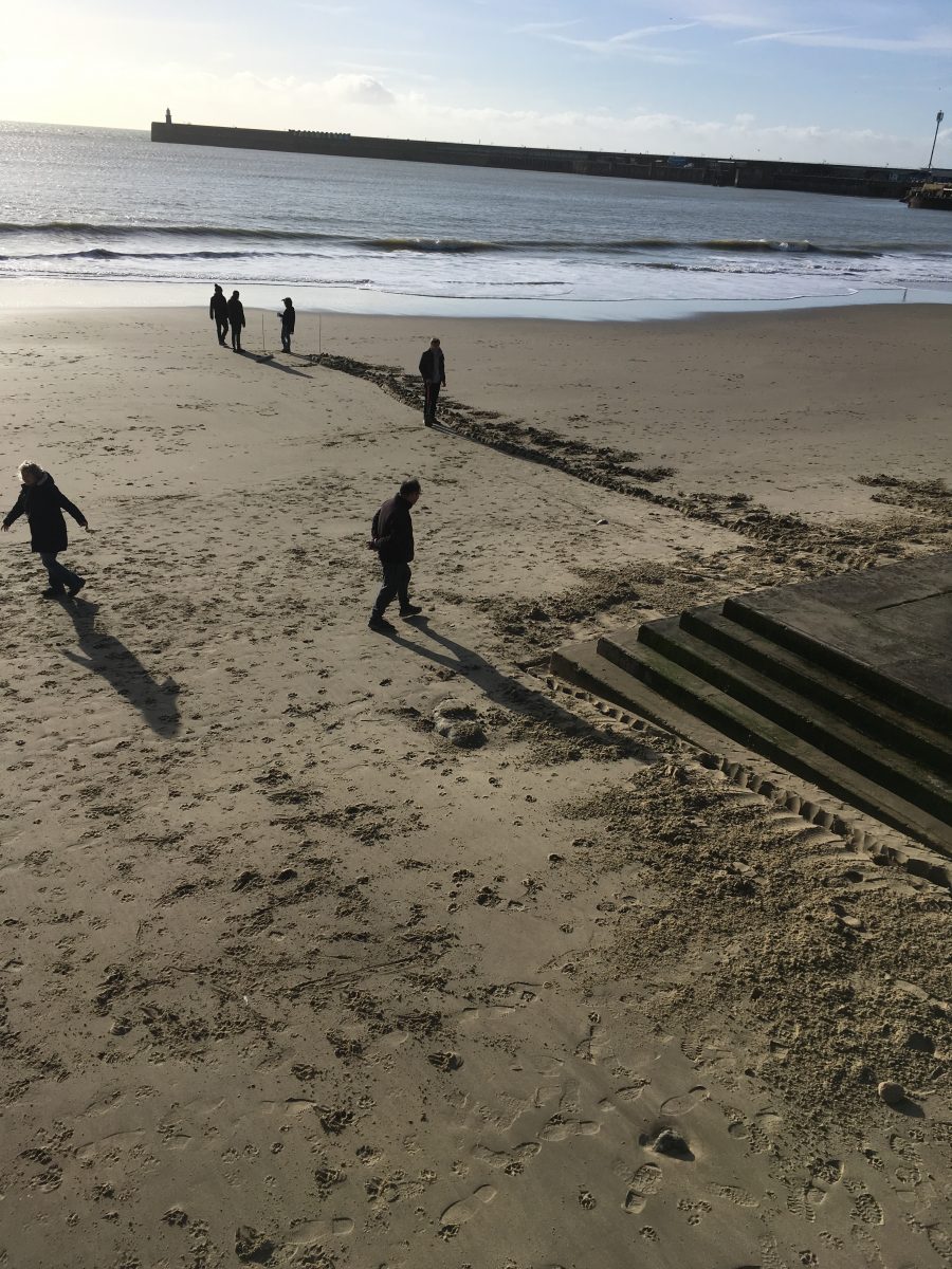View of Sunny Sands beach from the steps. Beacons site test on Folkestone Sunny Sands Beach, February 2020.