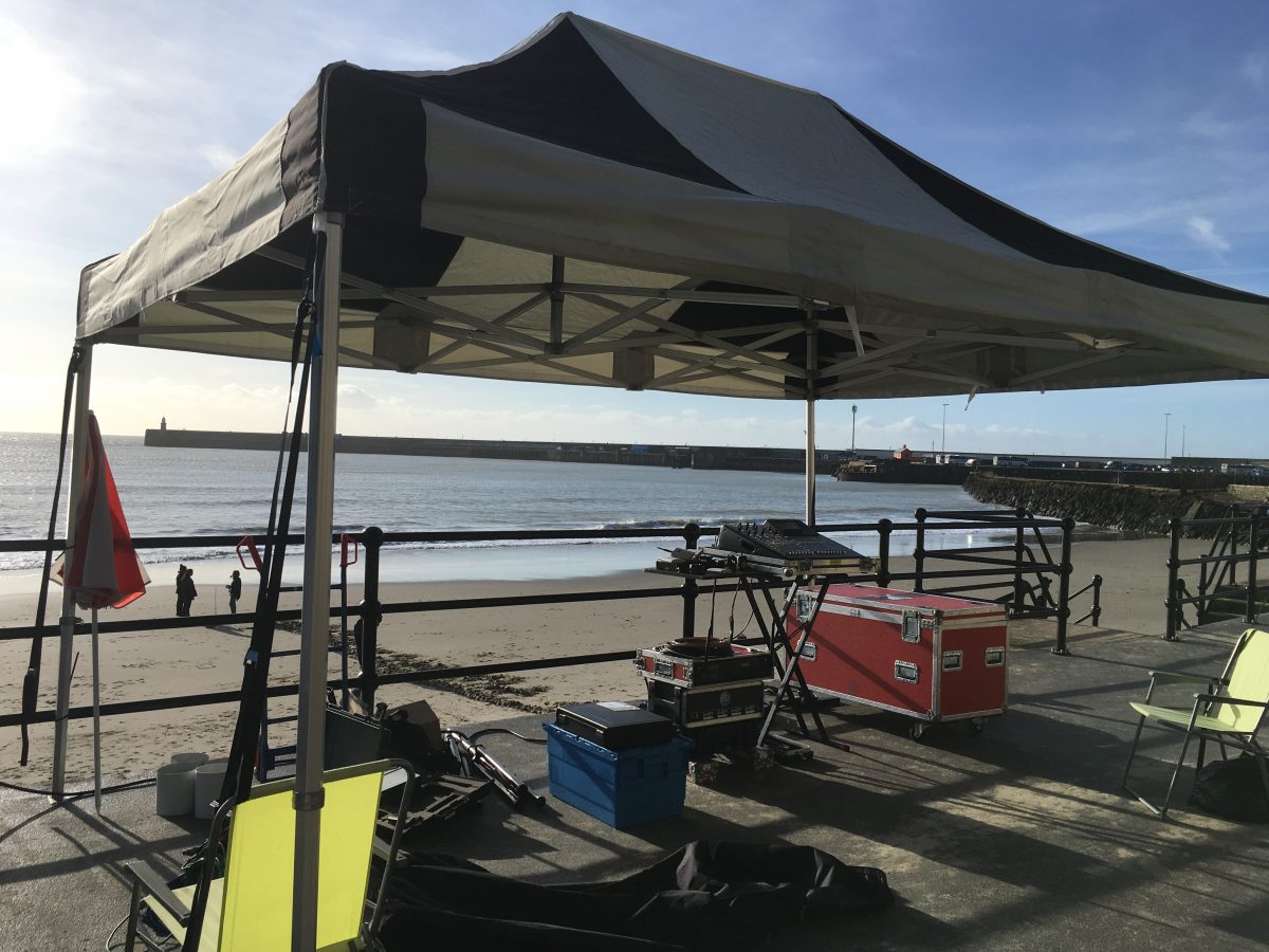 The sound tent at the Beacons site test on Folkestone Sunny Sands Beach, February 2020.