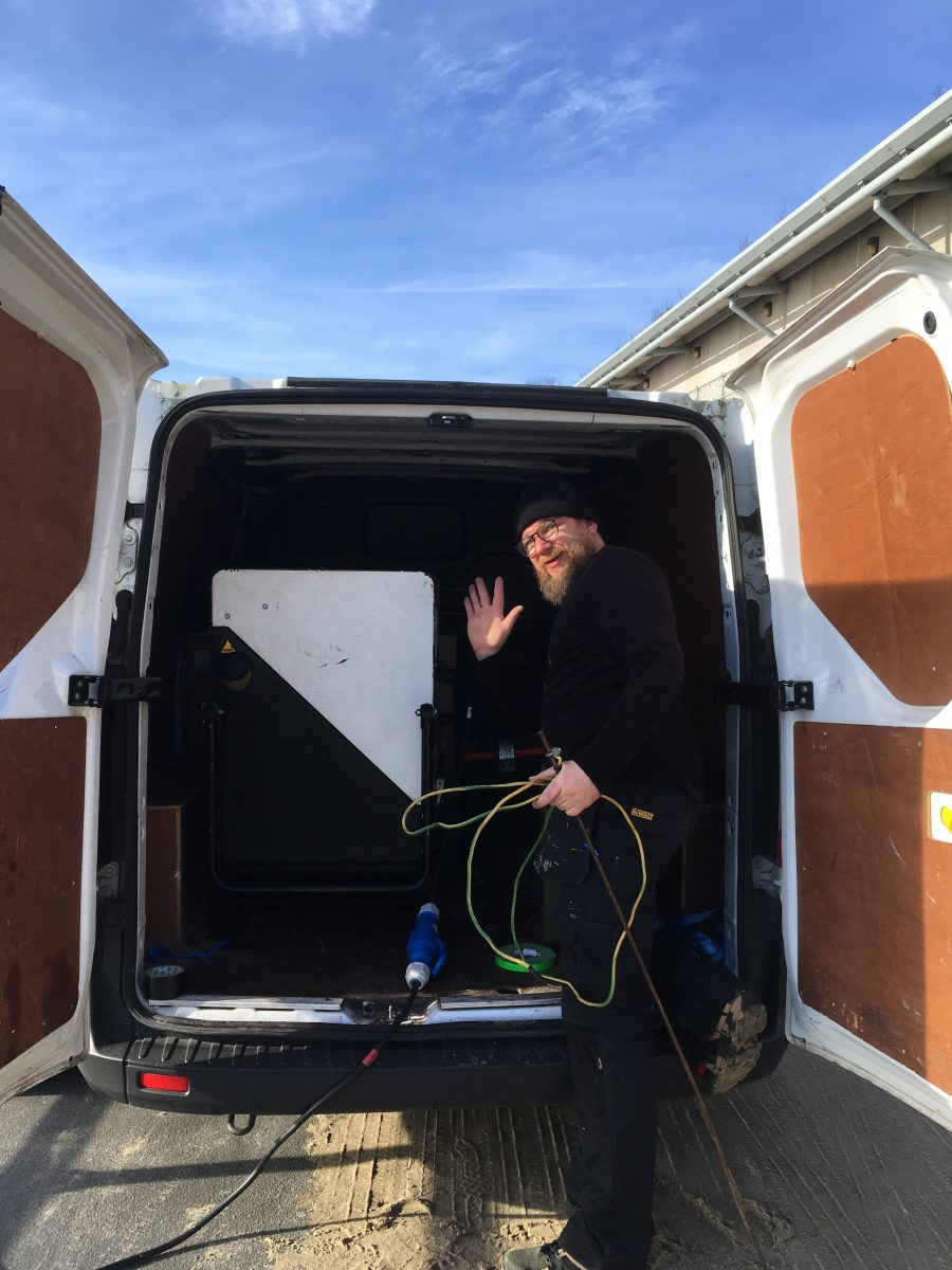 Sound engineer Matthew Smyth at the Beacons site test on Folkestone Sunny Sands Beach, February 2020.