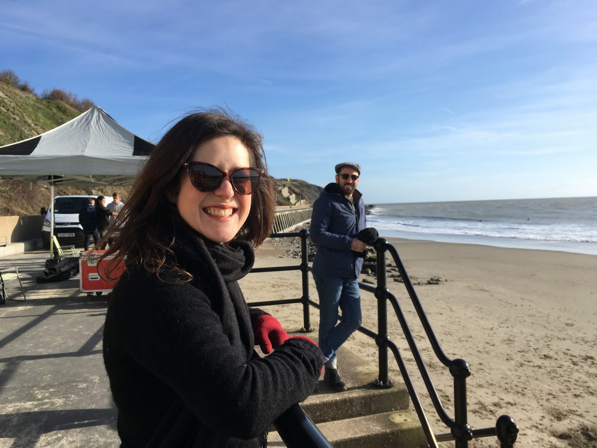Lead Artist Alison Neighbour at the Beacons site test on Folkestone Sunny Sands Beach, February 2020.