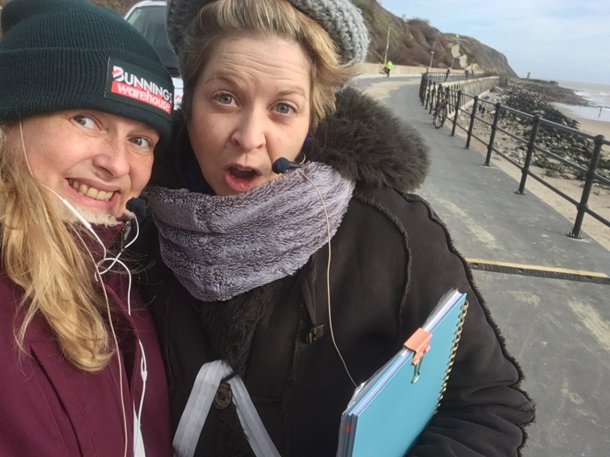 Singer Nina Clark and composer Emily Peasgood at the Beacons site test on Folkestone Sunny Sands Beach, February 2020.