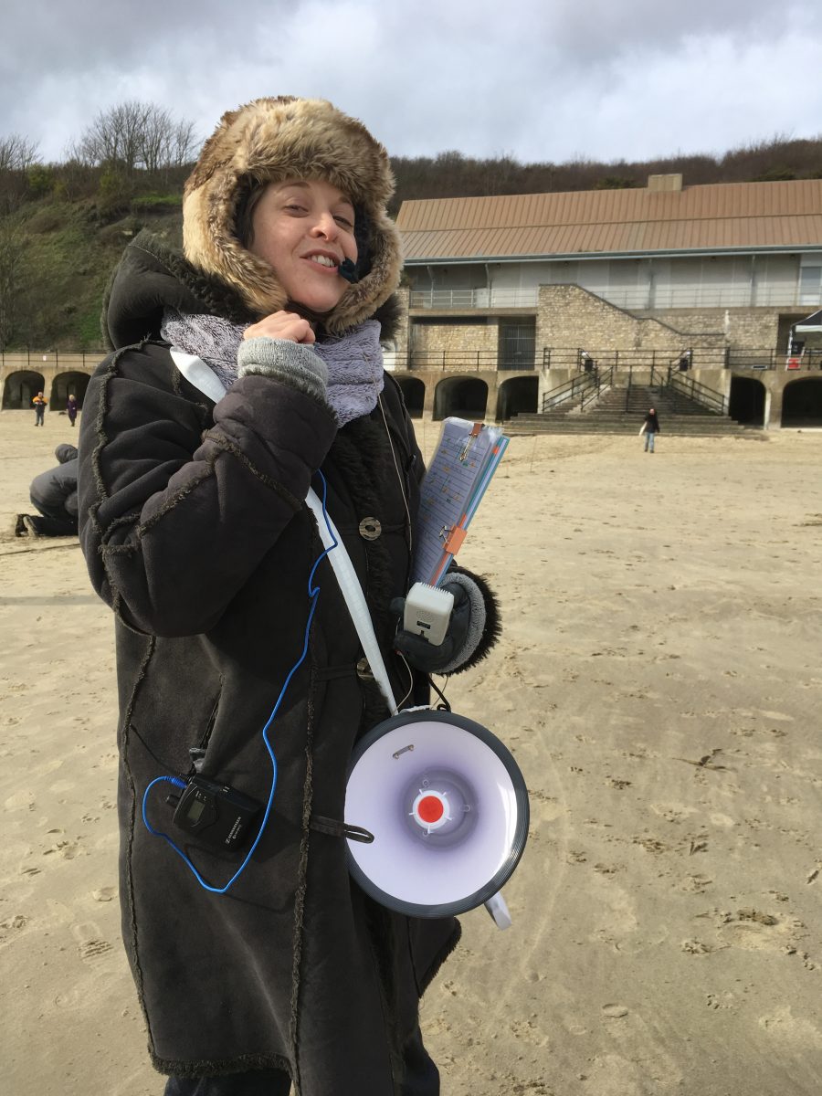 Singer Nina Clark at the Beacons site test on Folkestone Sunny Sands Beach, February 2020.