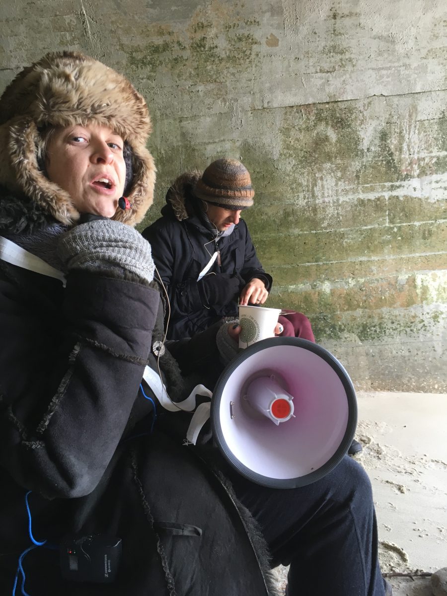 Singers Nina Clark and Richard Navarro at the Beacons site test on Folkestone Sunny Sands Beach, February 2020.