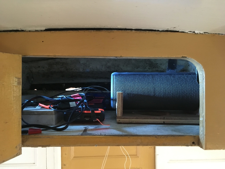 View of the inside of the tannoy box that housed sound equipment to power the work