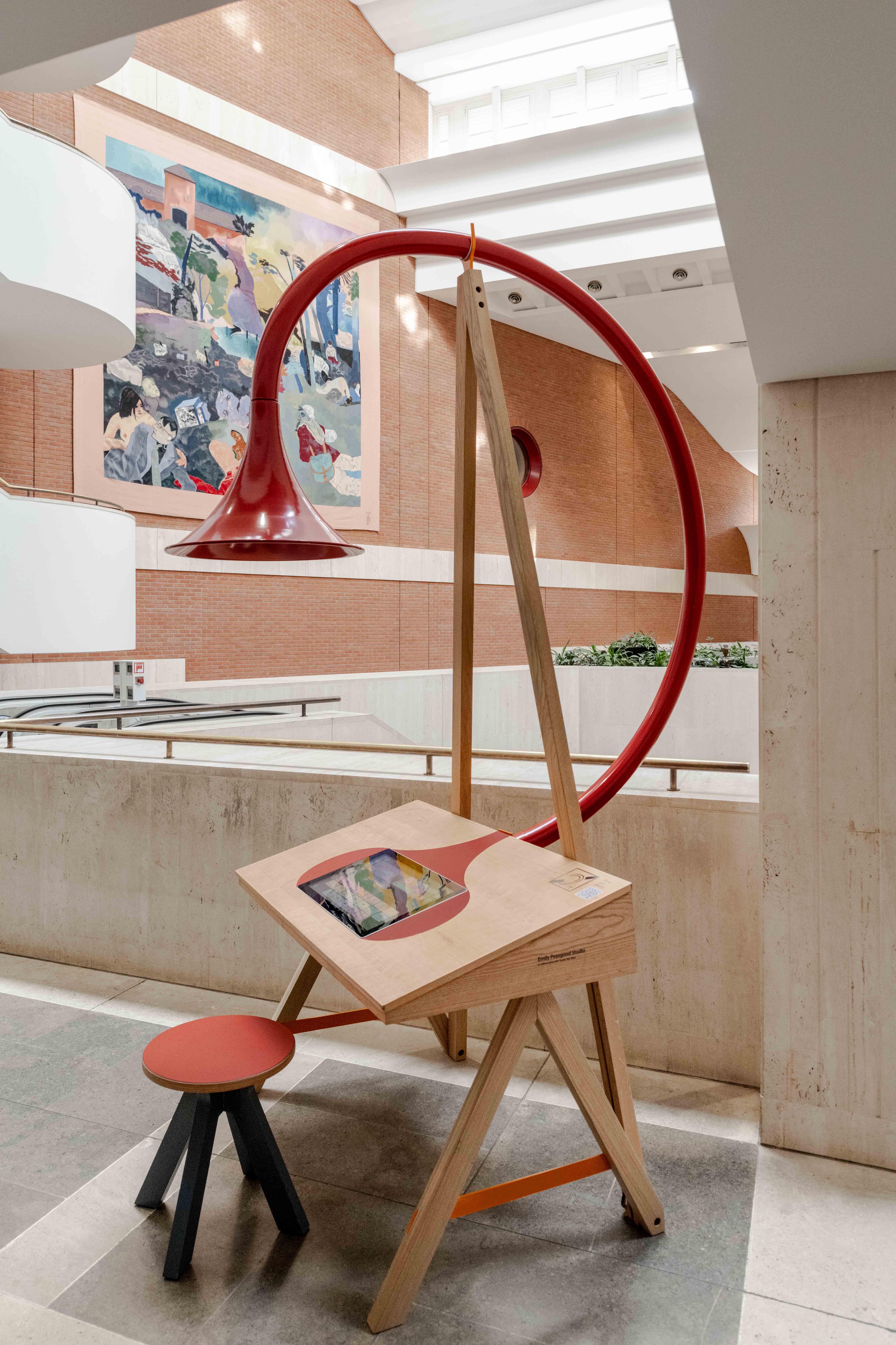 Image of Emily Peasgood's Listening Desk in The British Library. A desk with a large curved horn in the shape of an ear.