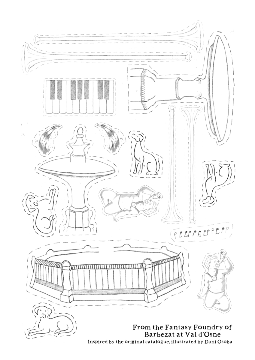This is an image of a cut out paper game. It shows lots of different parts of a fountain, like the basin which contains the water, spouts, and statues. It also includes musical instruments, and some other whacky things like cats. Children can cut out the different features and assemble their own fantasy musical water fountain.