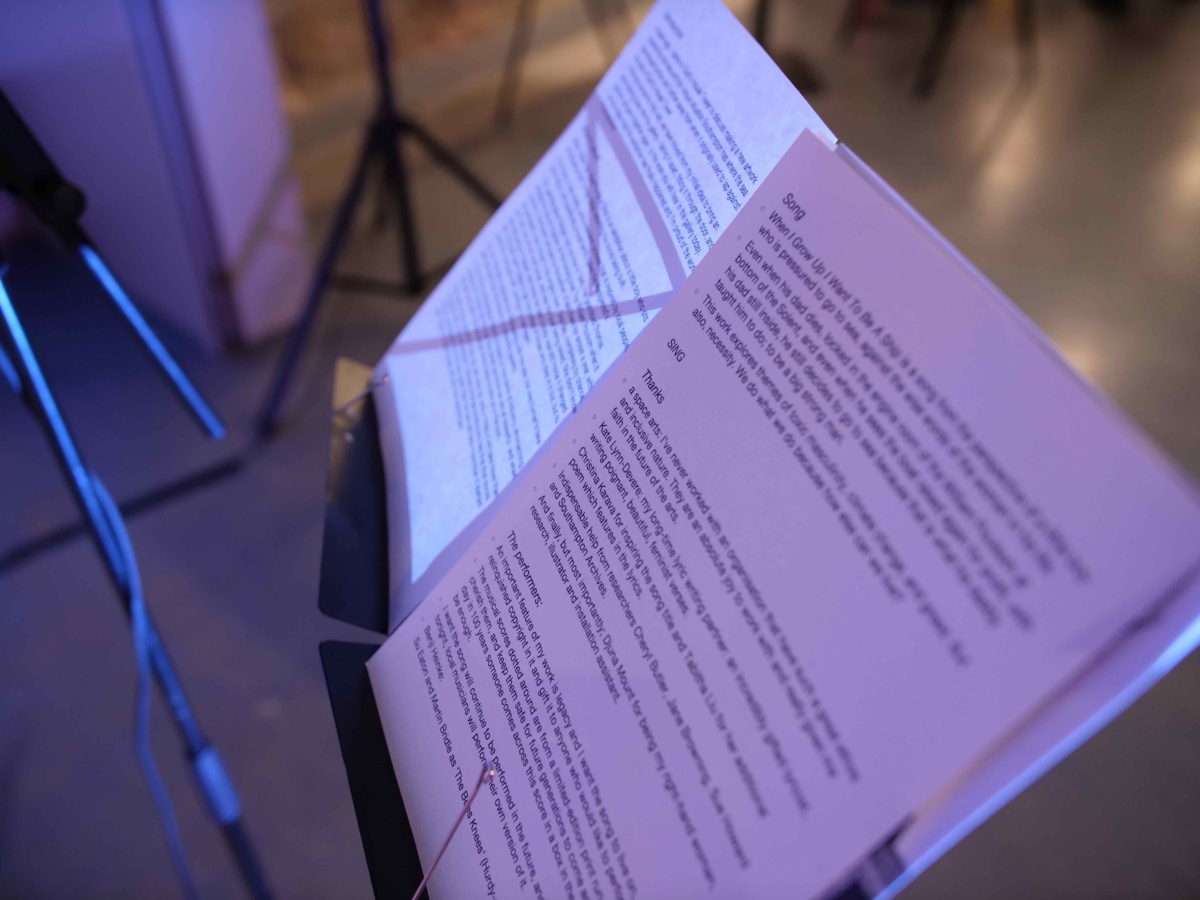This image is a close up of a music stand holding notes for a space arts Director Daniel Crow's opening speech at the launch event of 'When I Grow Up I Want To Be A Ship' at God's House Tower in 2022.
